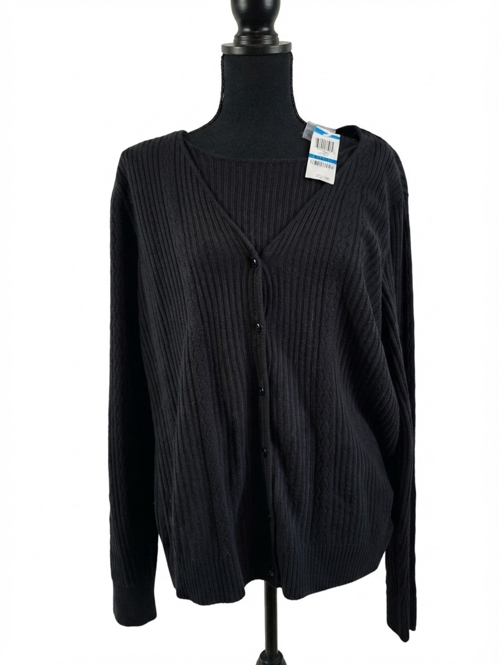 Karen Scott Black V-Neck Button Ribbed Cardigan